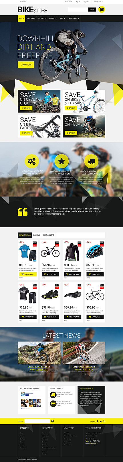 Template 52283   bikes store responsive prestashop theme triangle design lazy load slider product slideshows with image zoom animated custom blocks and blog