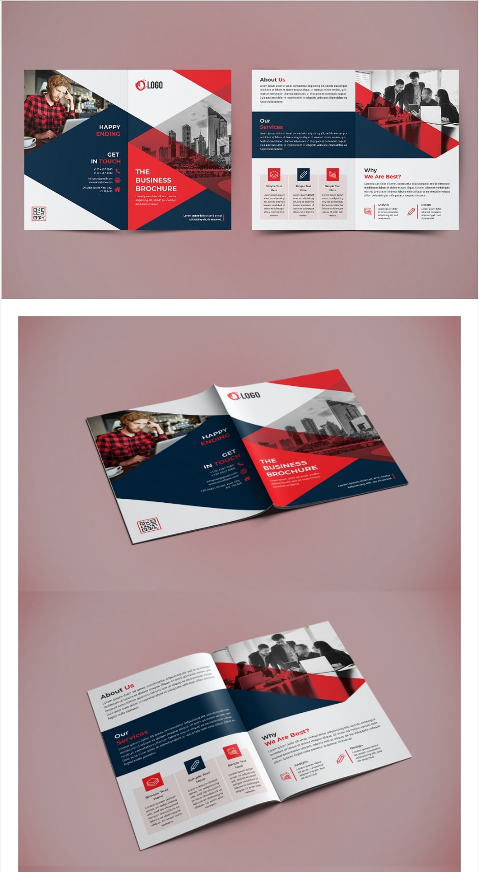 Business bifold brochure design   red and blue geometric design with transparent overlays
