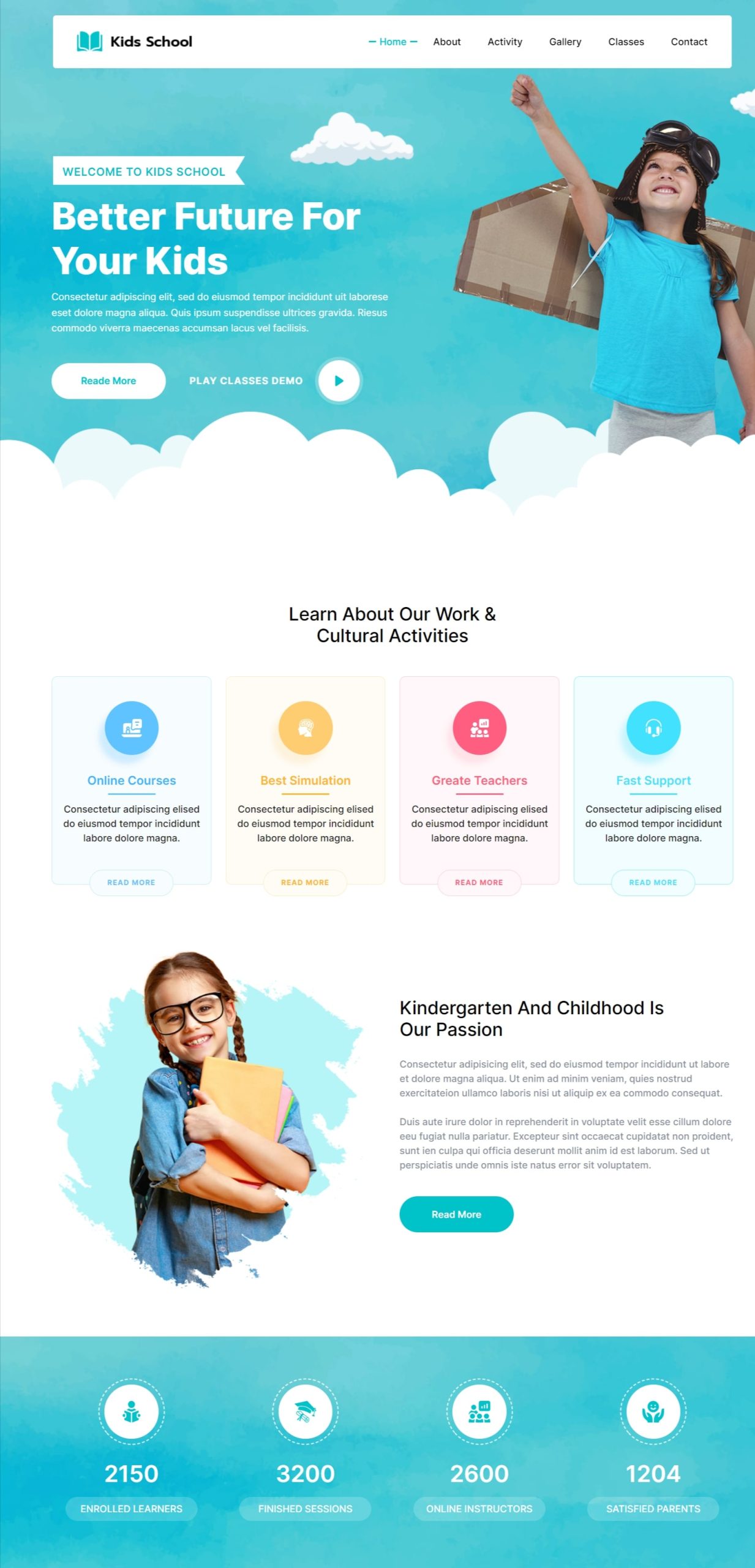 Kids school html template   blue and white clouds theme
