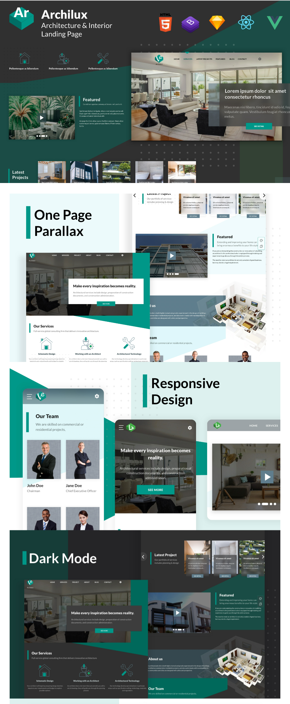 Archilux   architect and home interior react vue html landing page template