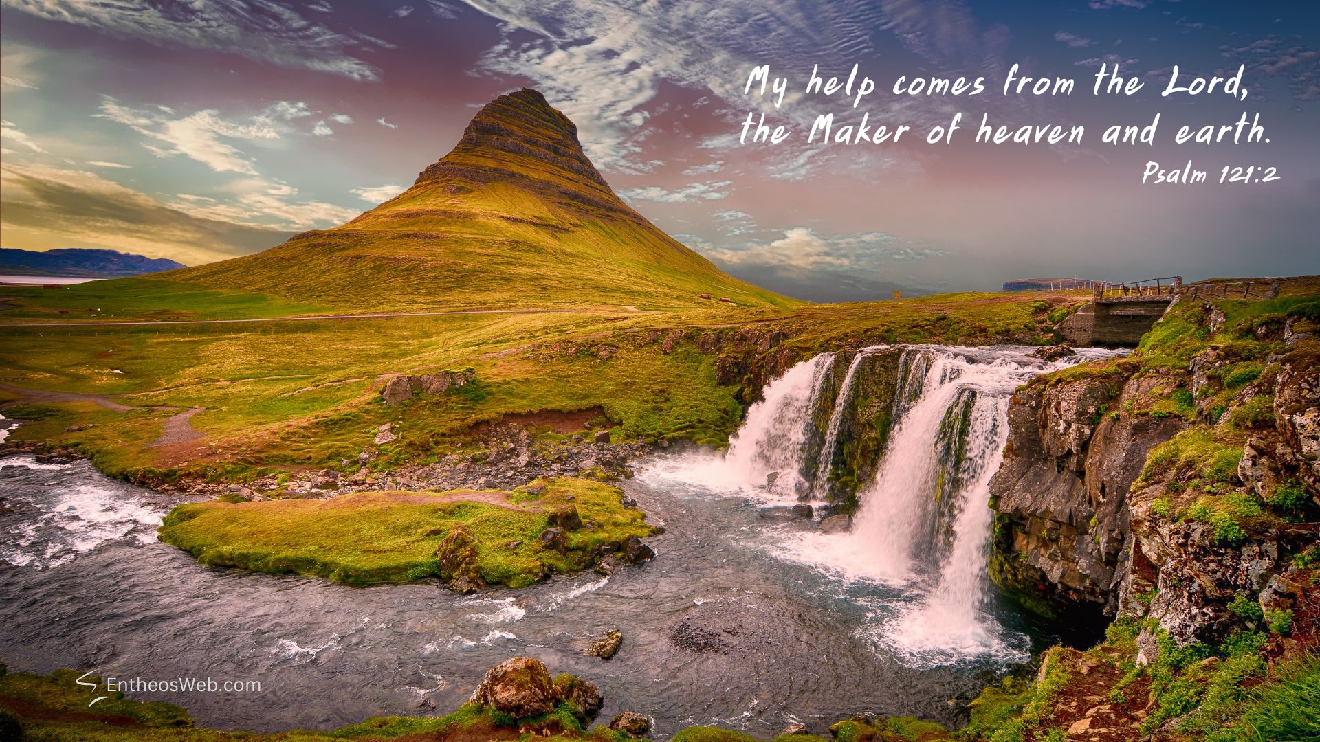 Mountains christian desktop wallpaper designed by entheosweb | christian desktop wallpaper with encouraging bible verses | entheosweb Scenic landscape with a conical mountain waterfall and river at sunset bible verse psalm 1212 is overlaid in the sky Mountains christian desktop wallpaper designed by entheosweb
