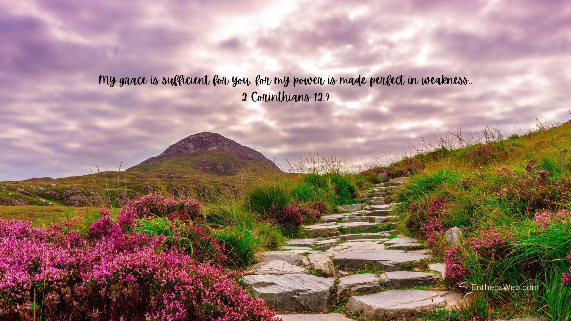 Scenery christian desktop wallpaper designed by entheosweb | christian desktop wallpaper with encouraging bible verses | entheosweb Stone path winding through purple heather toward a hill with the bible verse my grace is sufficient for you for my power is made perfect in weakness 2 corinthians 129 scenery christian desktop wallpaper designed by entheosweb