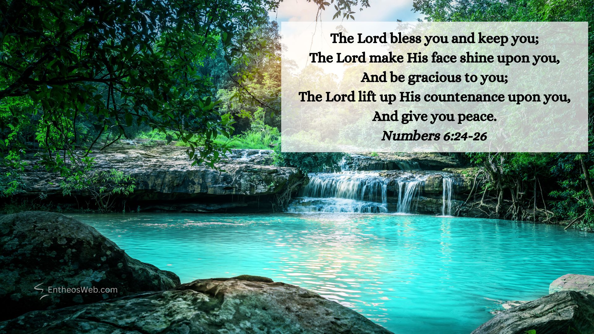 Water christian desktop wallpaper designed by entheosweb | christian desktop wallpaper with encouraging bible verses | entheosweb Turquoise river with small waterfall in a lush forest a translucent panel shows the bible verse numbers 62426 blessing text Water christian desktop wallpaper designed by entheosweb