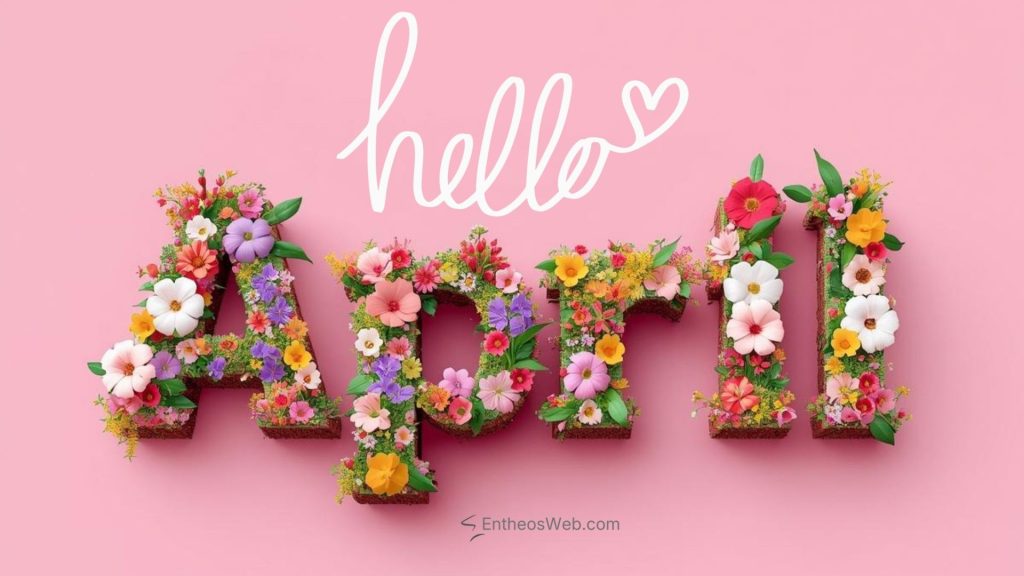 Hello april desktop wallpaper in 3d floral typography