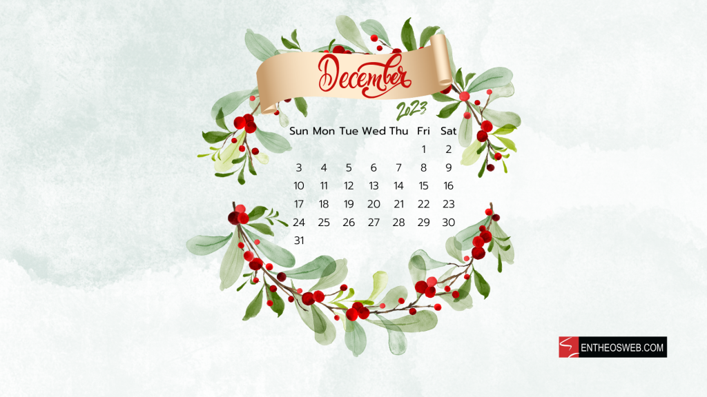December 2023 calendar desktop wallpaper beautiful wreath design