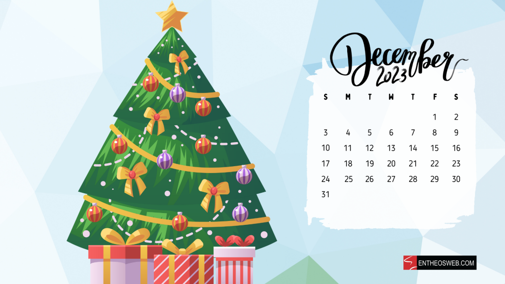 December 2023 calendar desktop wallpaper   xmas tree by entheosweb