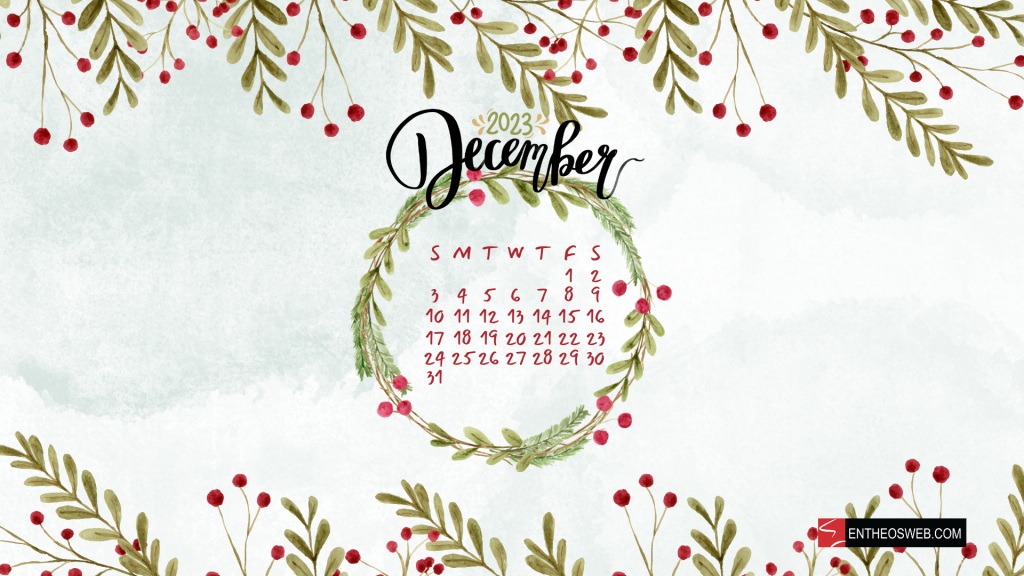 December 2023 calendar desktop wallpaper   wreath by entheosweb