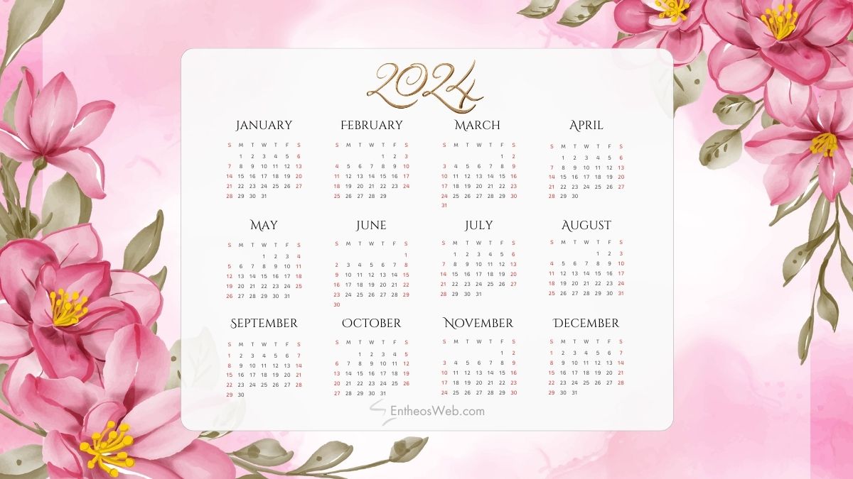 Free printable 2024 pdf calendar   pink flowers