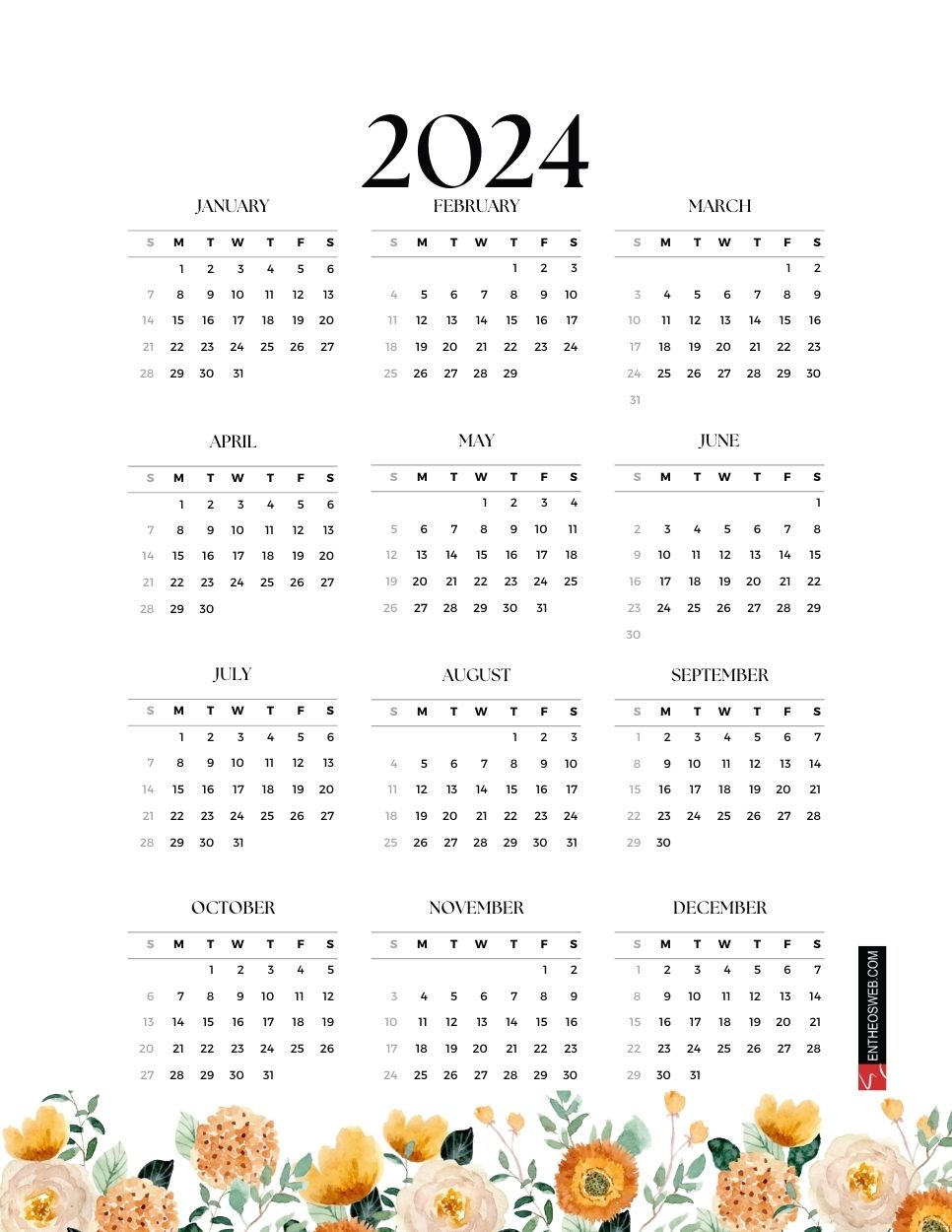 2024 pdf calendar   watercolor flowers