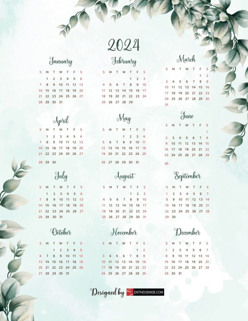 2024 PDF Calendars – Free Printable PDF Downloads | EntheosWeb