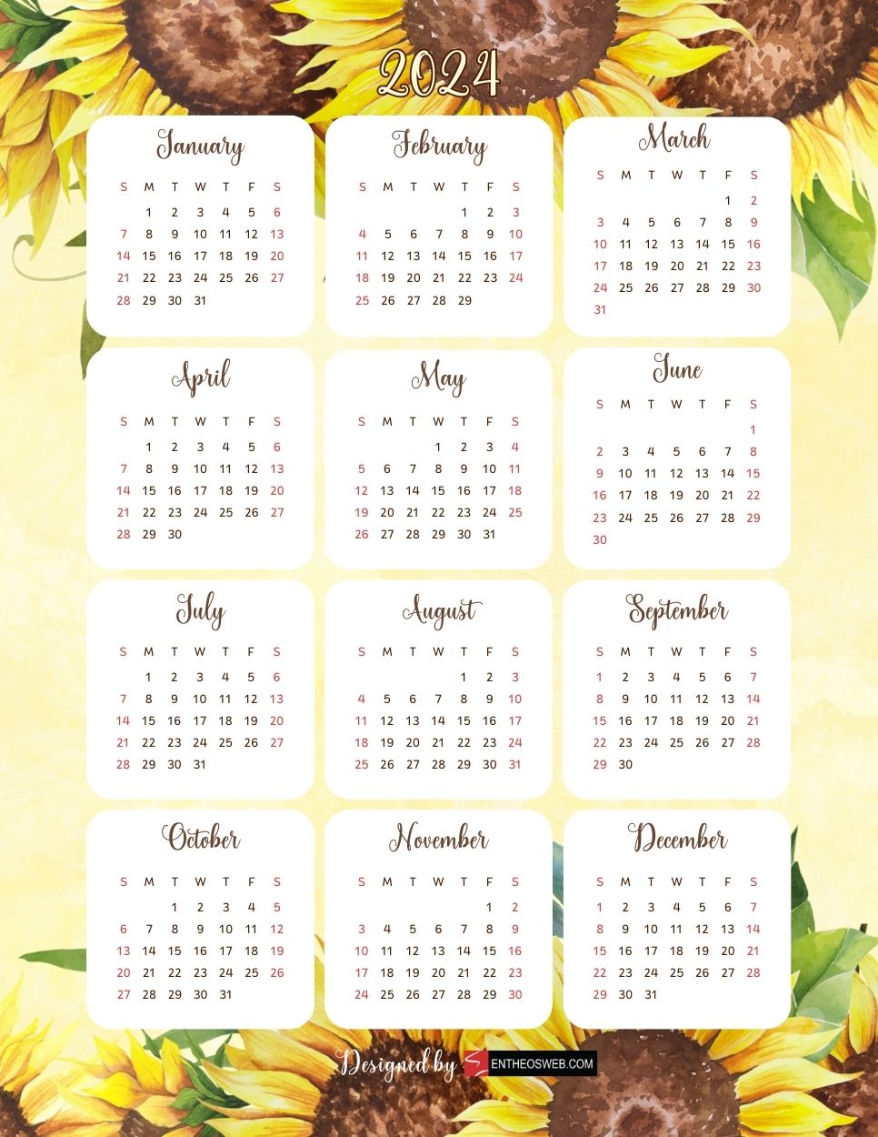 Free sunflower 2024 calendar pdf by entheosweb