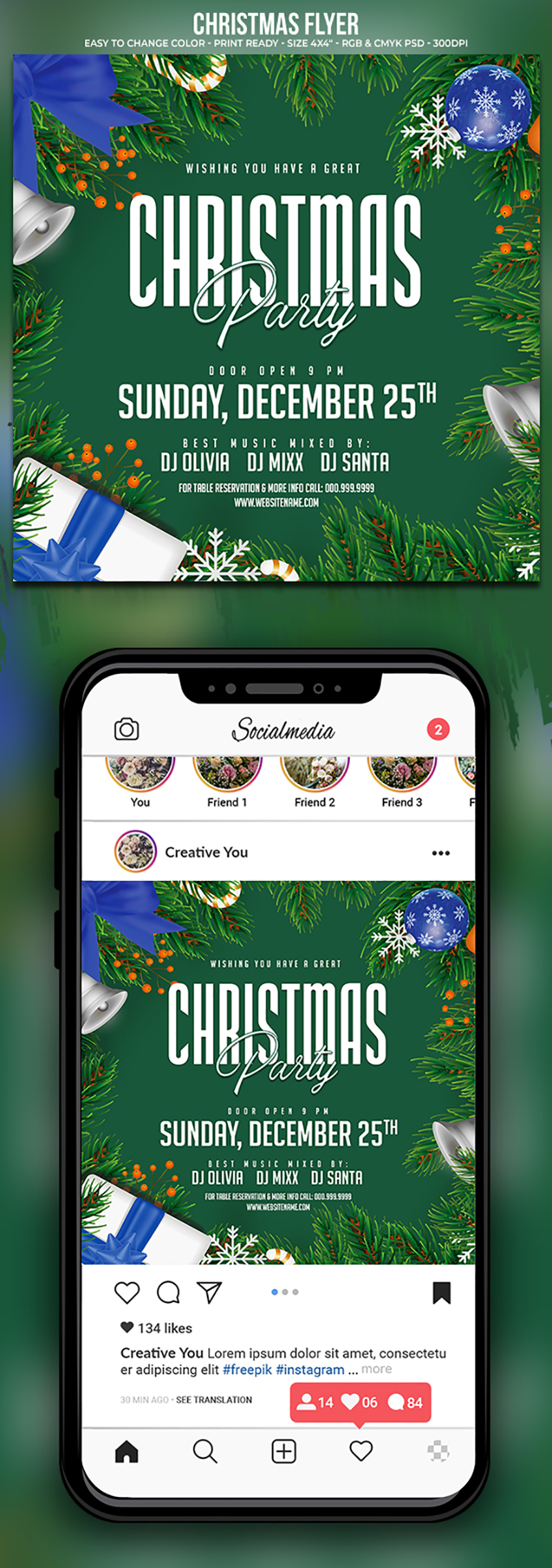 Green christmas psd flyer template