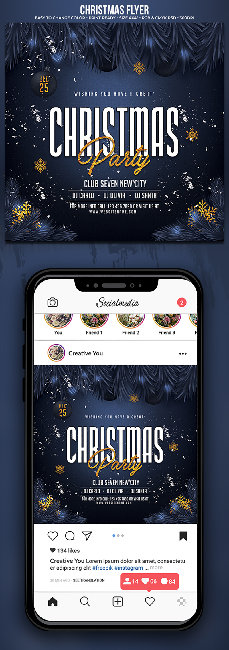 Golden christmas party flyer template