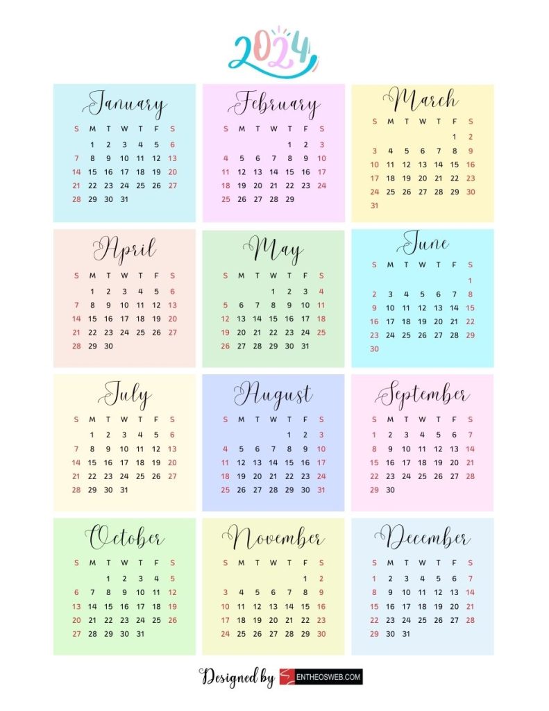 Free 2024 colorful pastel pdf calendar by entheosweb