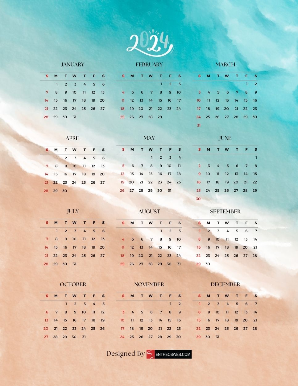 2024 calendar printable pdf   beach by entheosweb