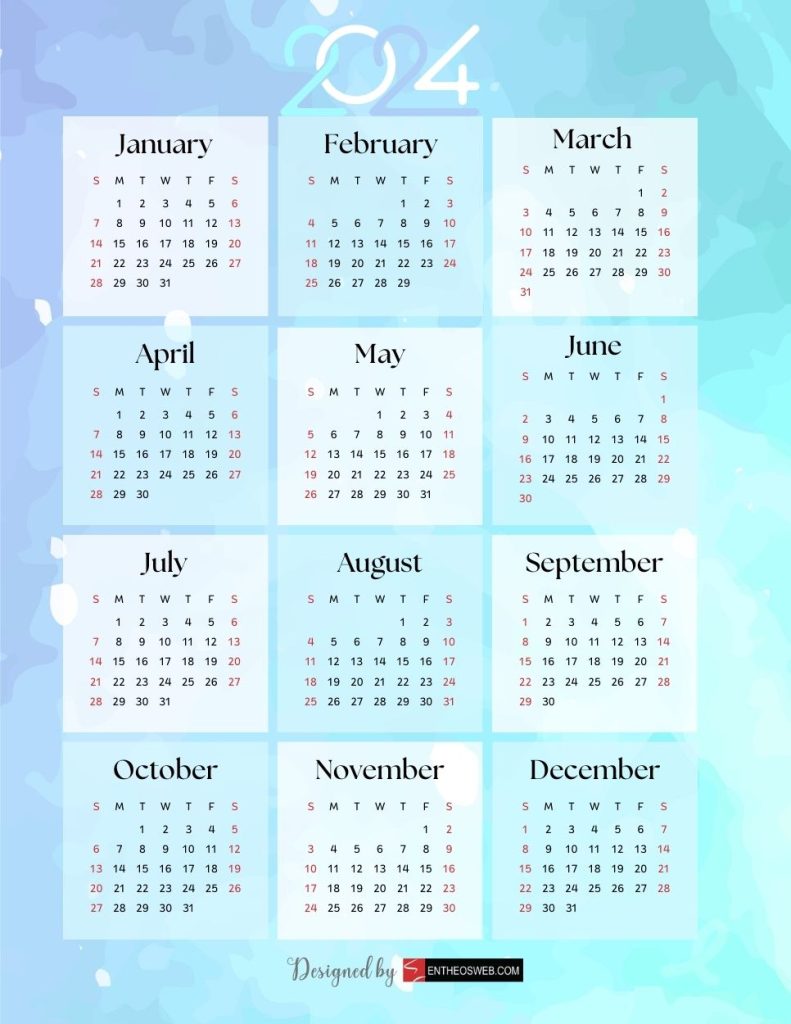Free blue 2024 pdf calendar by entheosweb