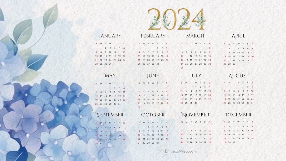 2024 calendar printable pdf  blue hydrangeas by entheosweb