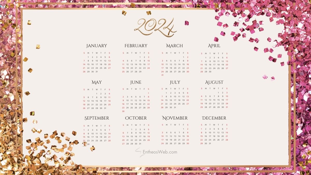 2024 calendar printable pdf   pink  gold glitter