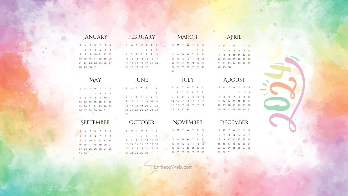2024 calendar printable pdf   colorful watercolors by entheosweb