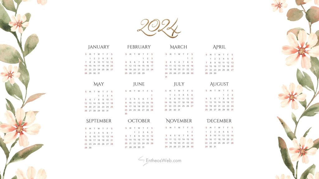 Free floral printable 2024 pdf calendar   horizontal