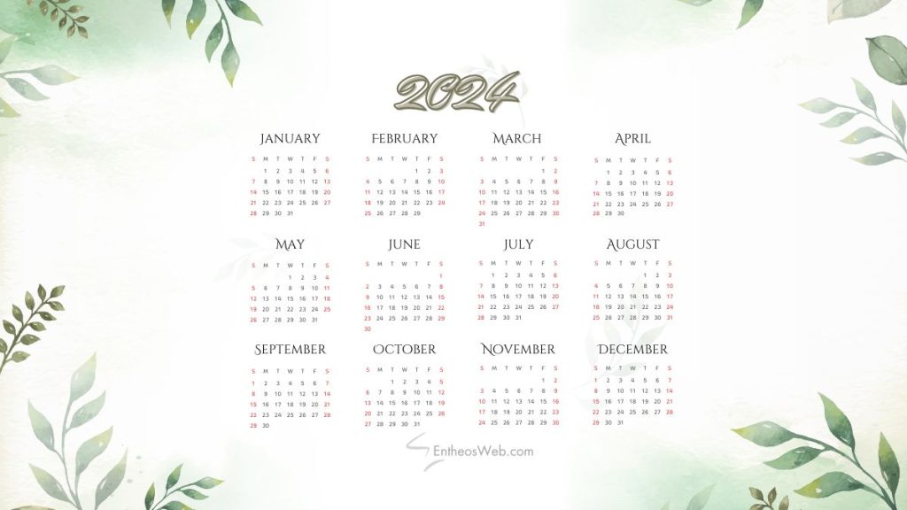 Free printable 2024 pdf calendar   leaves design