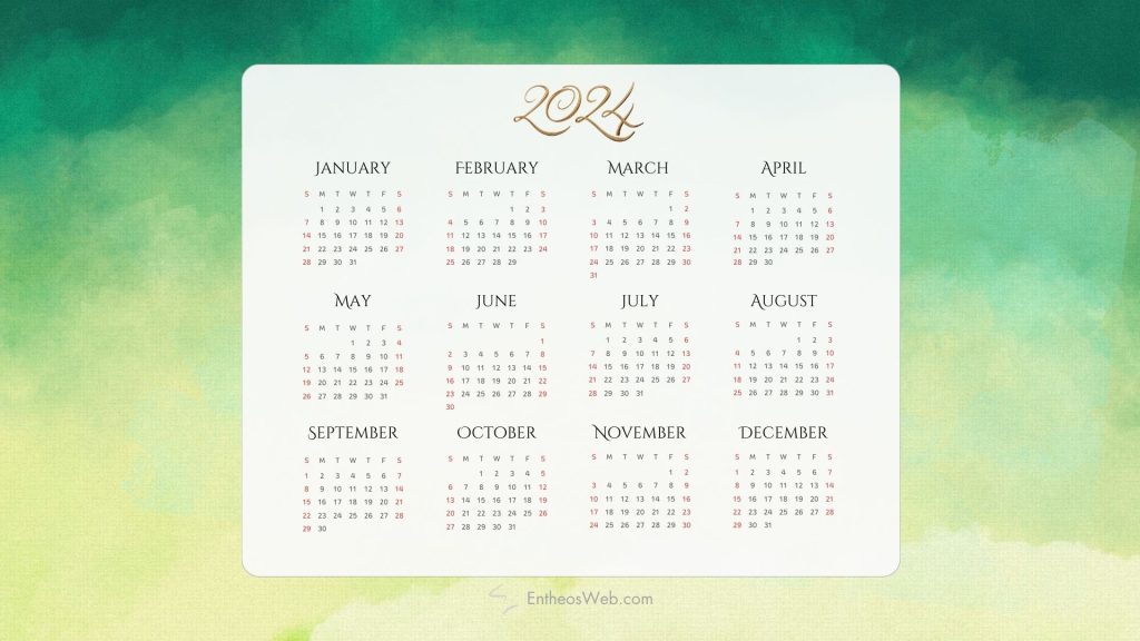 Free green printable 2024 pdf calendar   horizontal