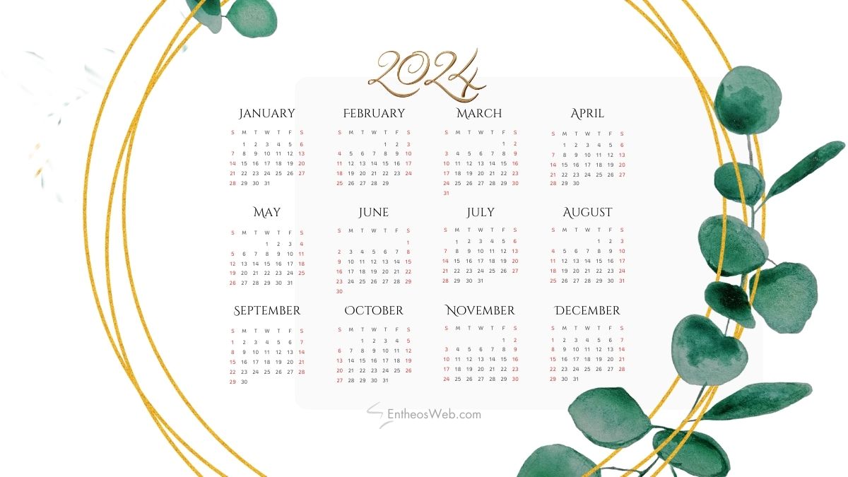 2024 calendar printable pdf   leaves in gold ring