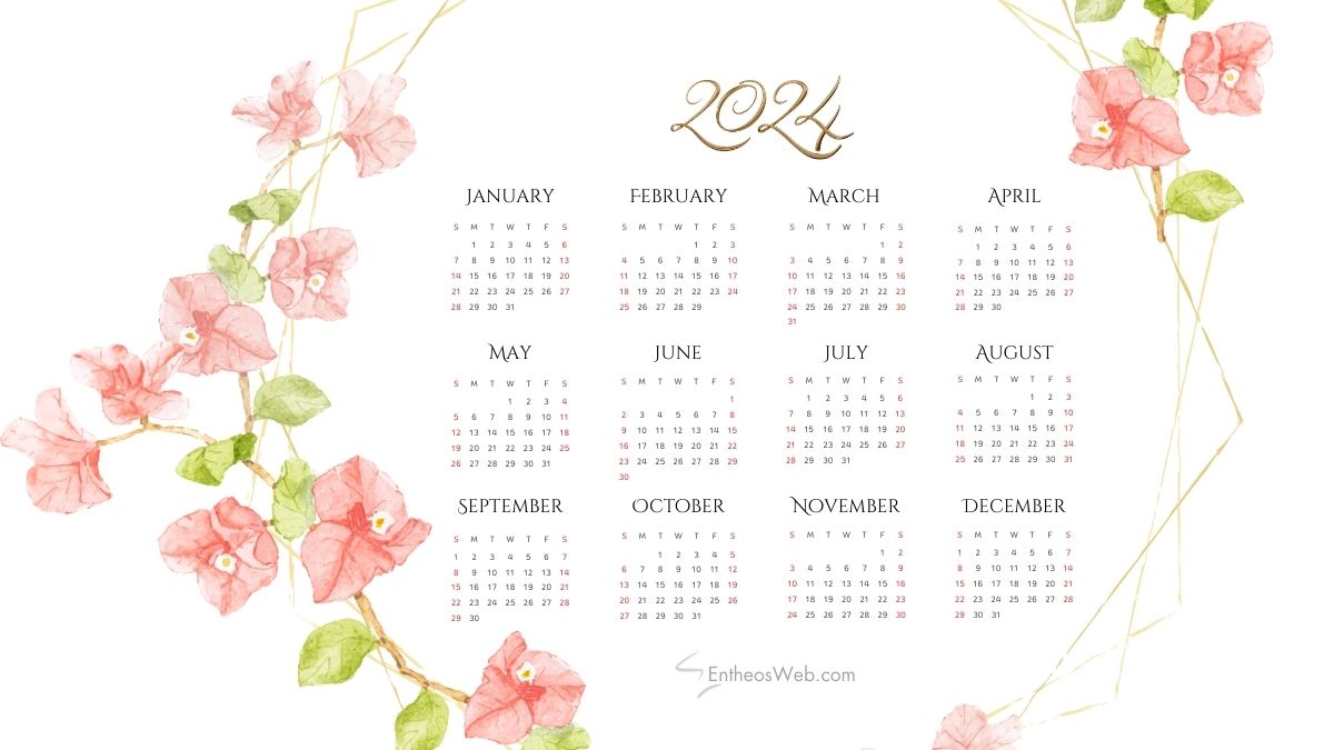 2024 calendar pretty flower frame printable pdf by entheosweb