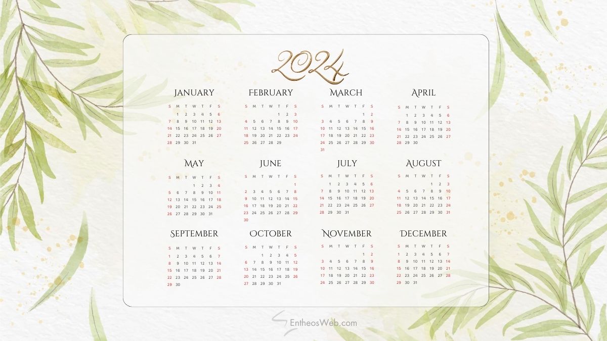 2024 calendar printable pdf   watercolor leaves