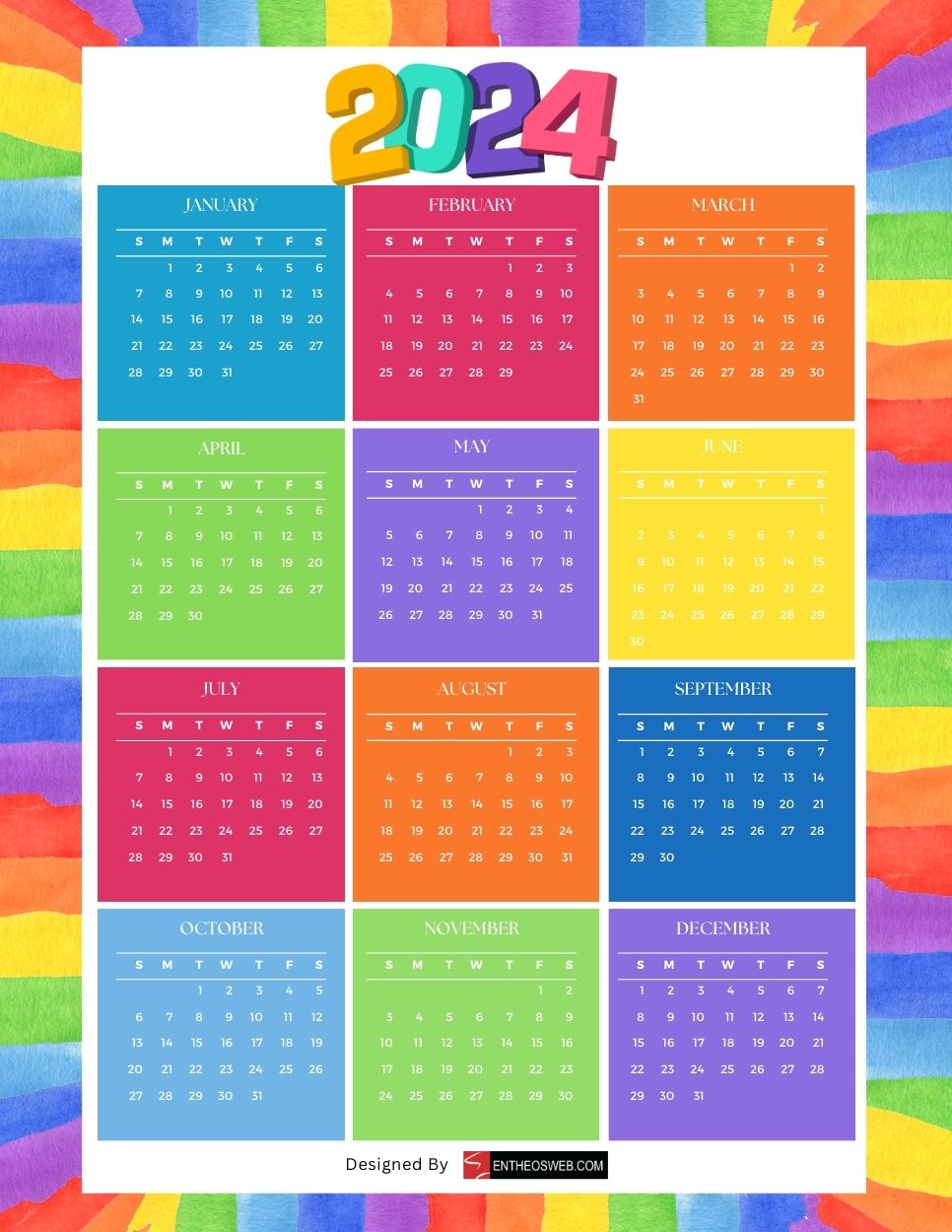 2024 pdf calendar   colorful by entheosweb