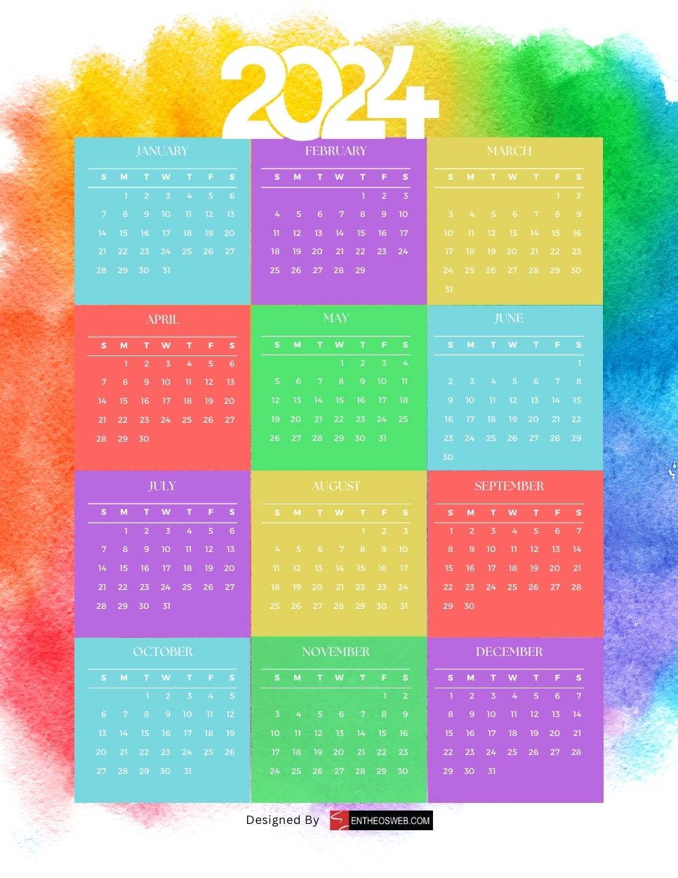 Colorful 2024 pdf calendar by entheosweb