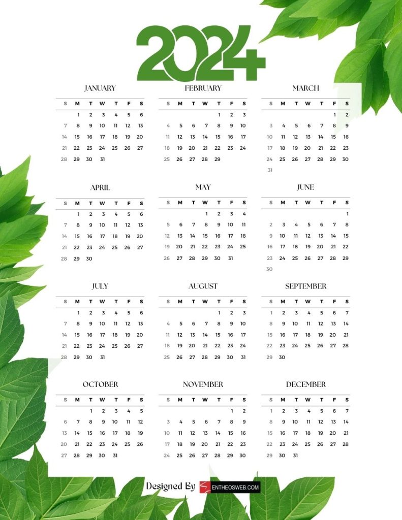 Leaves 2024 pdf calendar by entheosweb