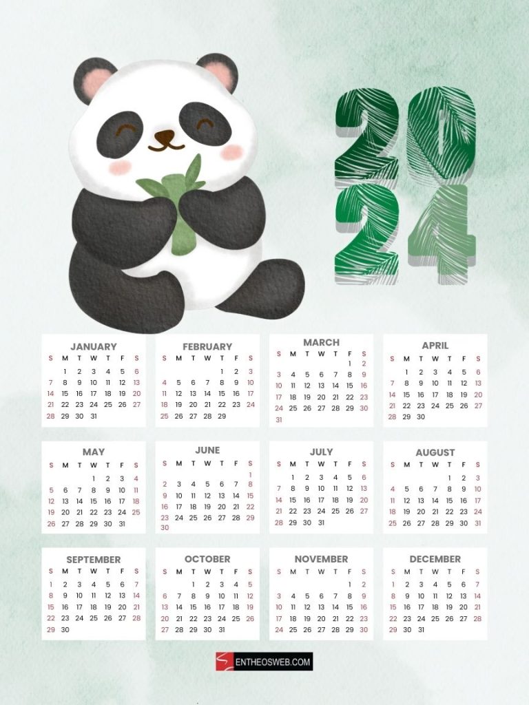 Free 2024 calendar poster pdf cute panda by entheosweb