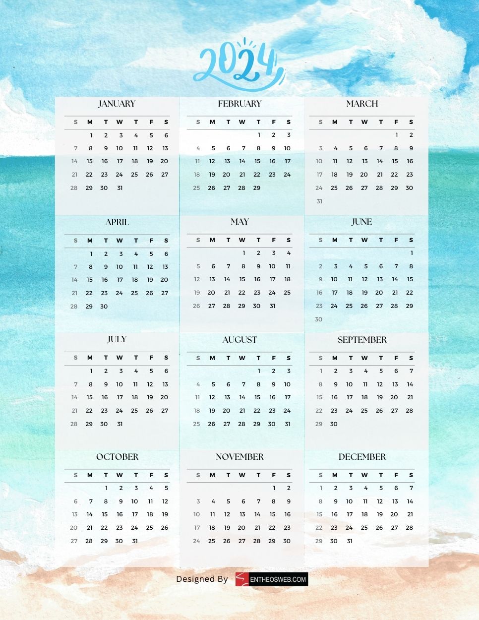 2024 pdf calendar   sea and sky theme by entheosweb