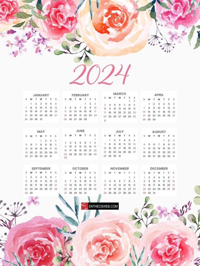 Free 2024 calendar poster pdf floral design by entheoswebx