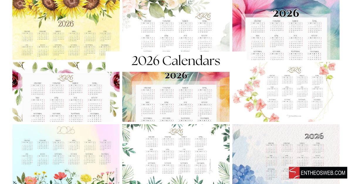 Collage of nine 2026 calendar designs with colorful floral borders and soft pastel backgrounds, showing monthly grids across each card.
