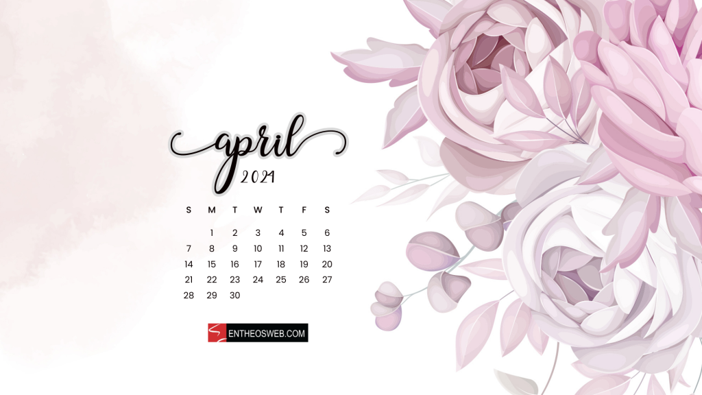 Illustrated roses april 2024 calendar desktop wallpaper designed by entheosweb