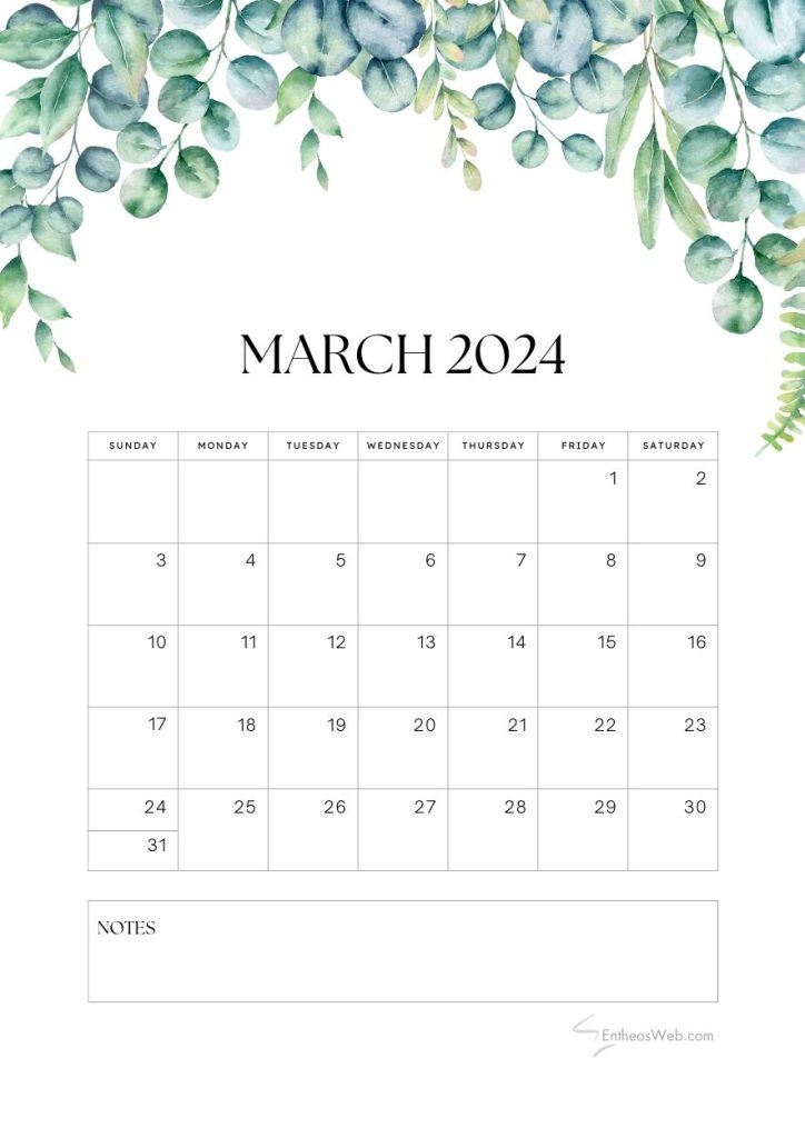 Free march 2024 calendar pdf leaves