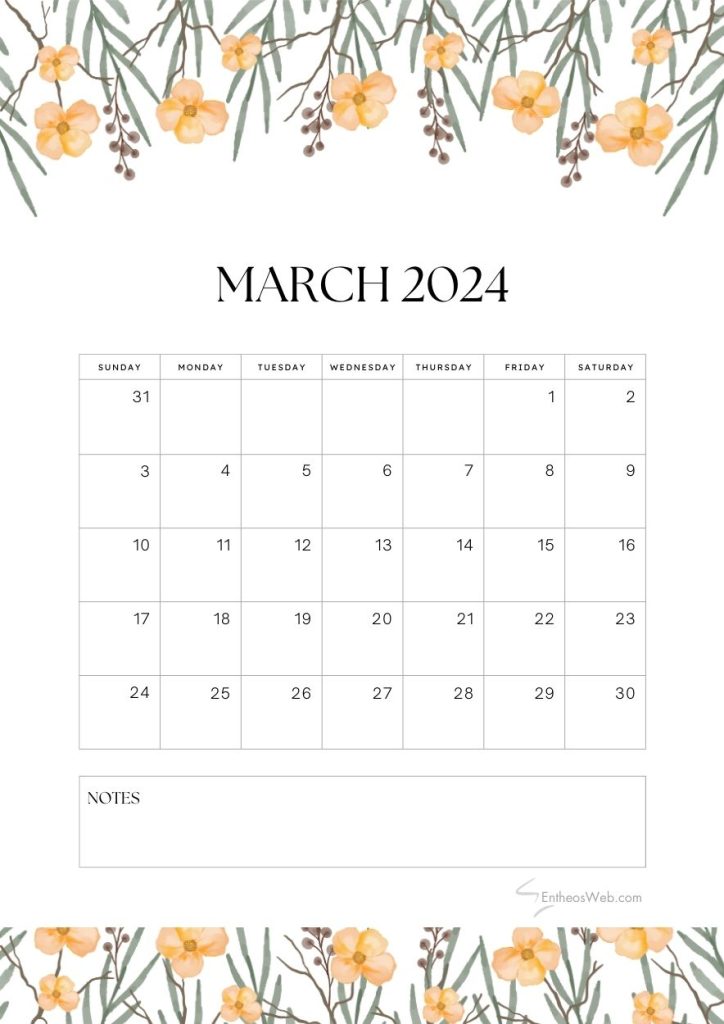Free march 2024 calendar pdf floral