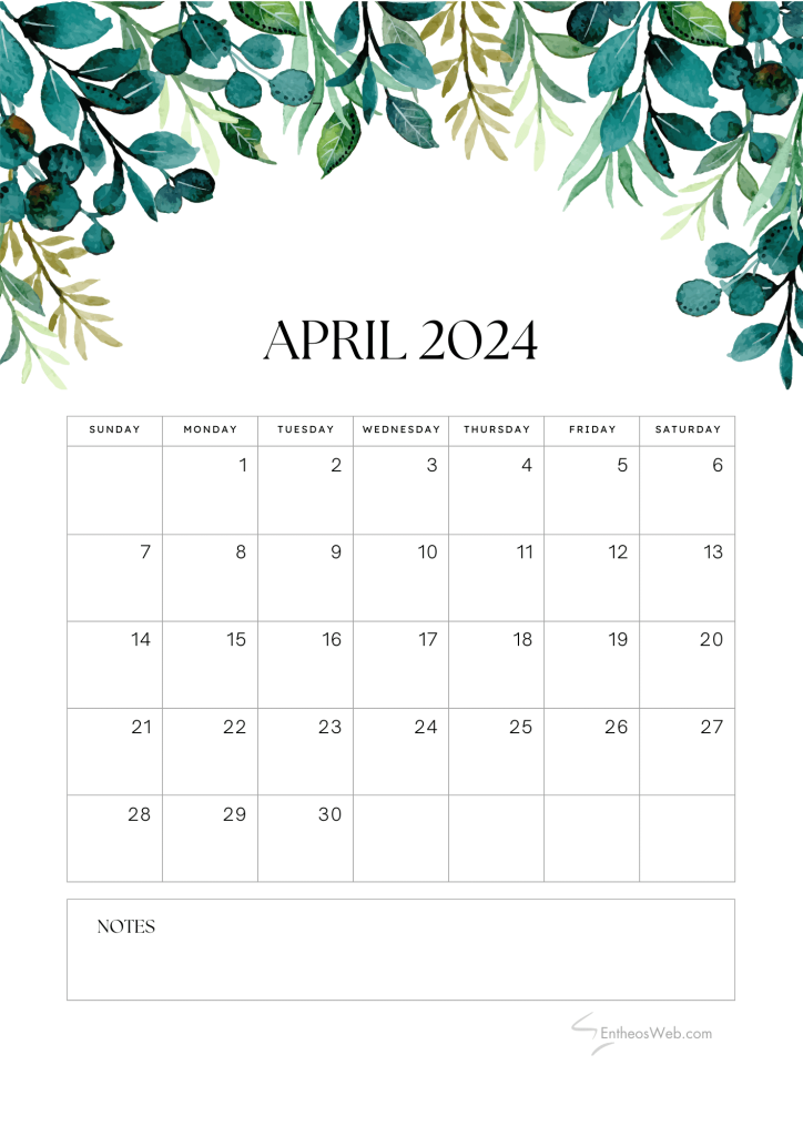 April 2024 calendar printable pdf  leaves design