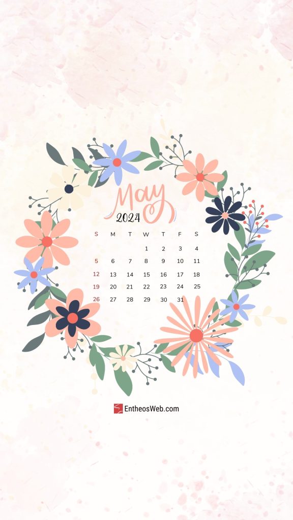 Flower wreath may 2024 phone wallpaper calendar