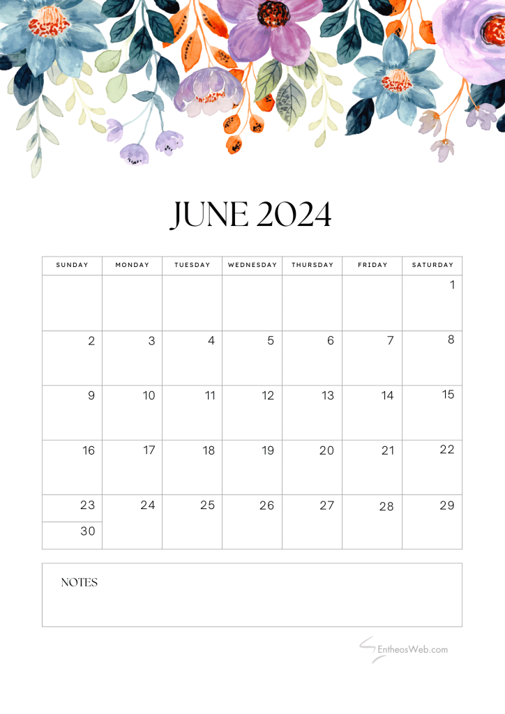 June 2024 floral a4 printable calendar