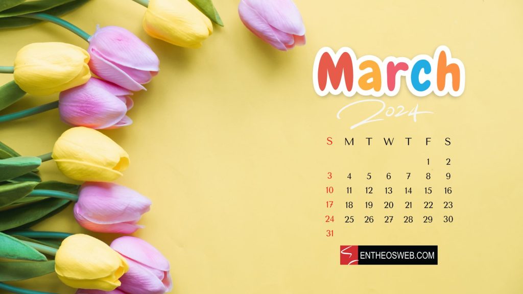 March 2024 calendar desktop wallpaper tulips