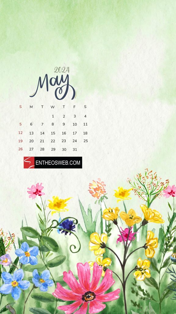 Watercolor flowers may 2024 phone wallpaper calendar