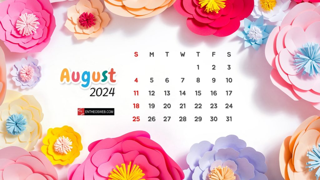 Colorful paper flower august 2024 calendar