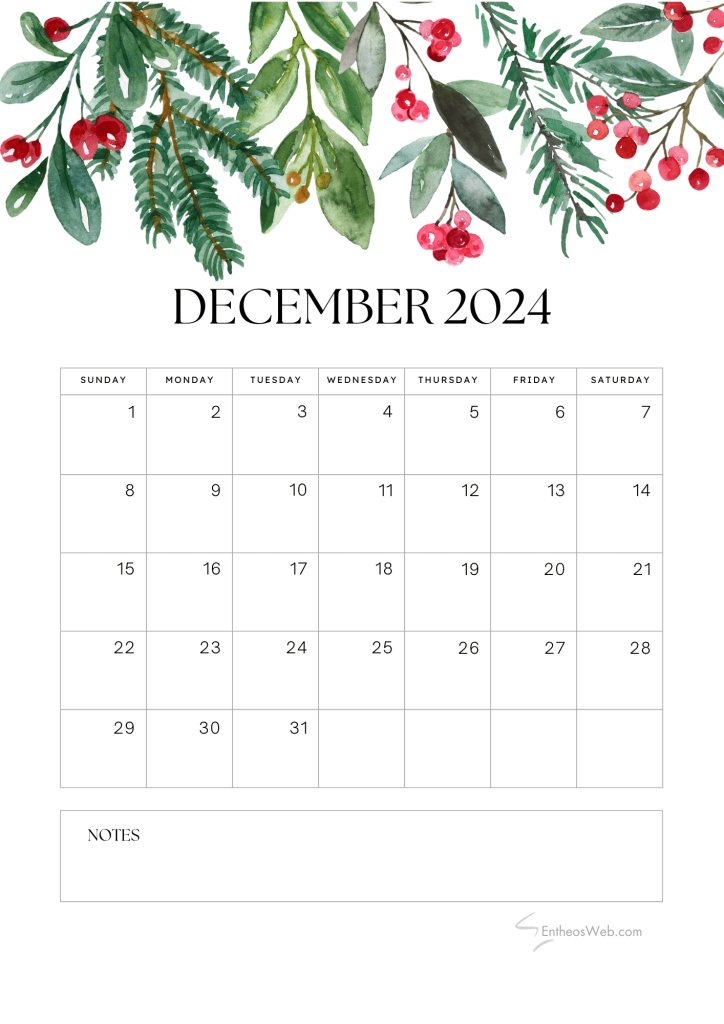 Free december 2024 calendar   green leaves with red berries watercolor
