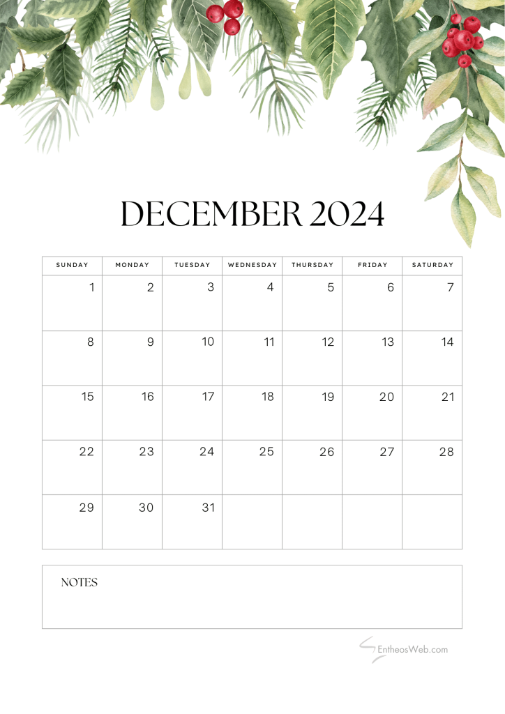 Free december 2024 calendar   green leaves with red berries