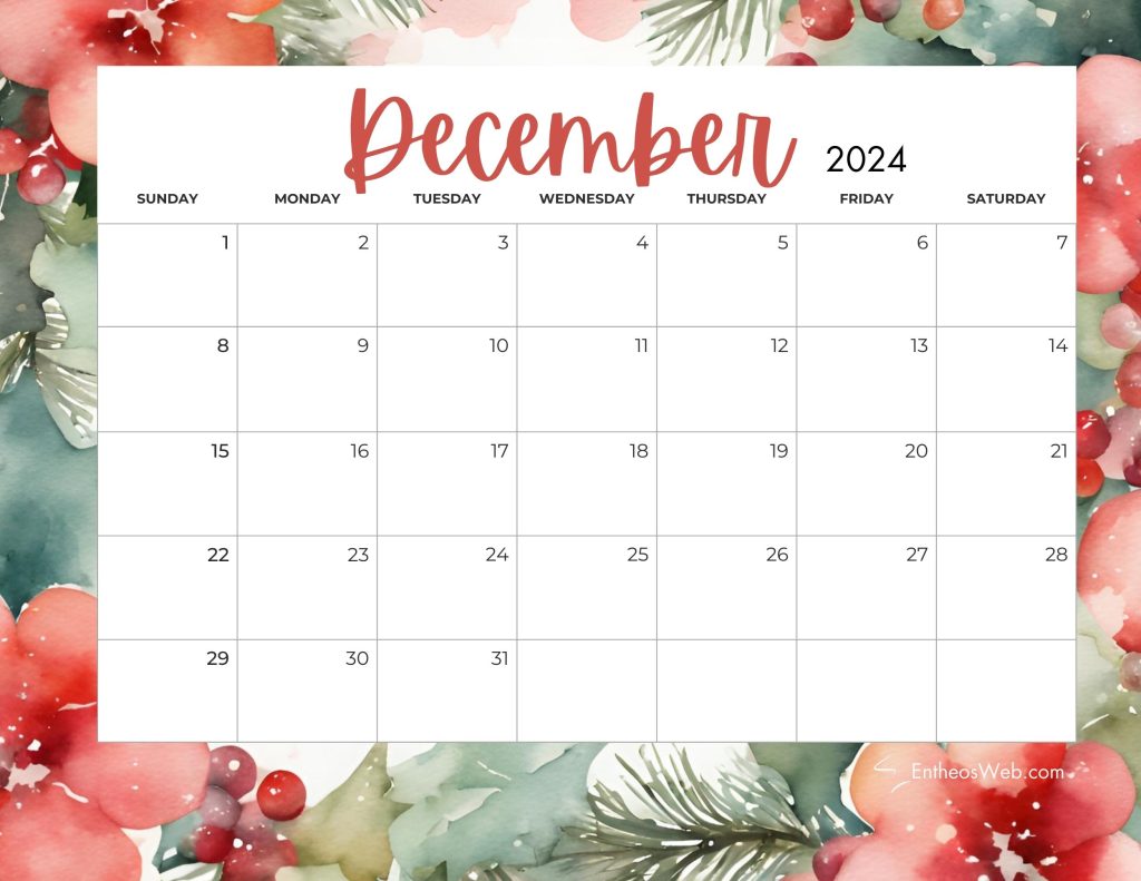 December 2024 calendar   watercolor red and green floral background