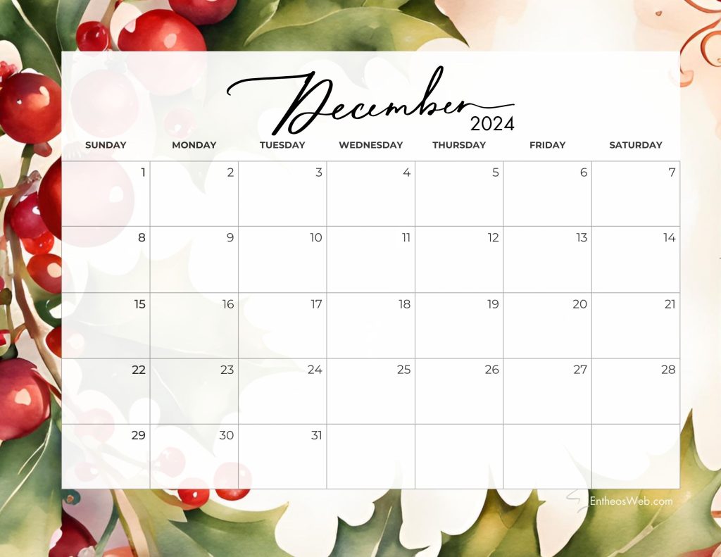 December 2024 calendar   mistletoe background