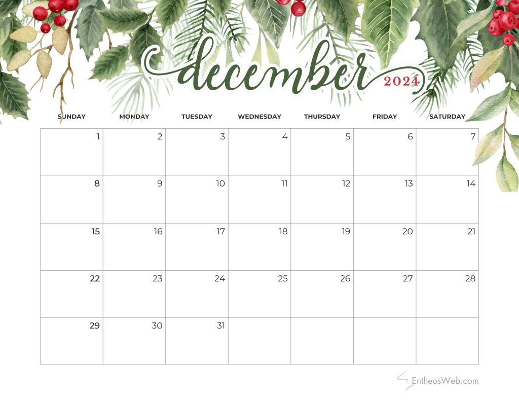 December 2024 calendar   holly and mistletoe